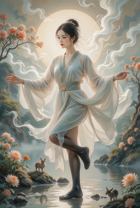 standing splits，chinese clothes，cloud ，makeup，red lips ，smoke ，waves，floating hair ，floral background  ，flower ，8k, masterpiece, best quality, Two-dimensional, (Chinese traditional ink painting:0.2), (perfect hands:1.4),black stockings，Wearing white light ...