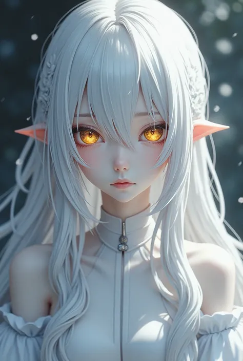 An anime, Skewed and long white hair,  golden eyes,  White clothes.
