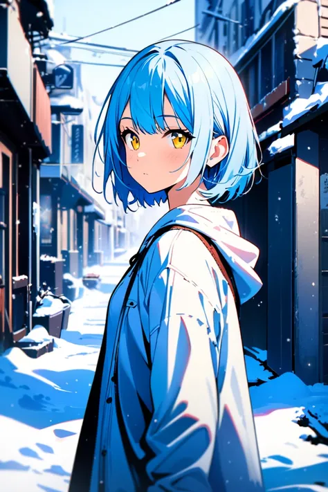 woman, seventeen years old, solo,
beautiful light blue hair, short hair,
clear light yellow eyes,
expressionless,
white shirt,
snow scenery, urban,
masterpiece, best quality, very beautiful, very detailed, 