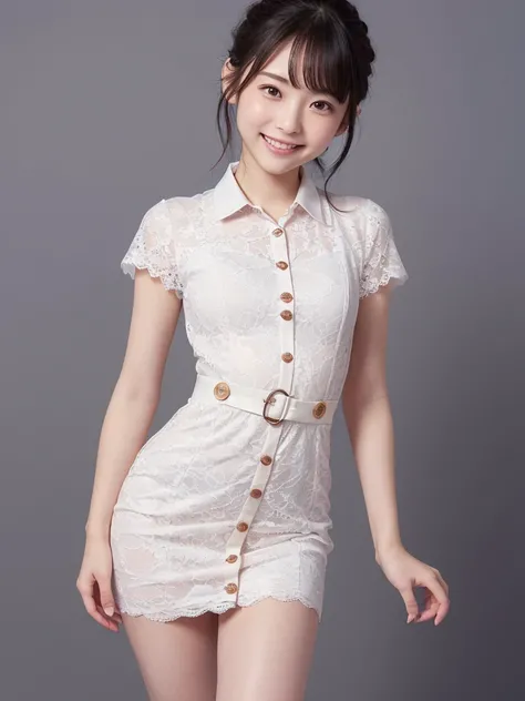 ( high image quality)、( high quality)、(tight, short-sleeved dress:1.2)、(Collared dress)、( dress with buttons on the chest)、( Japanese girl)、(smile:1.3)、( simple background:1.4)、( lace dress covered in roses:1.2)、(Young face:1.4)、( are small:1.4)、(A simple ...