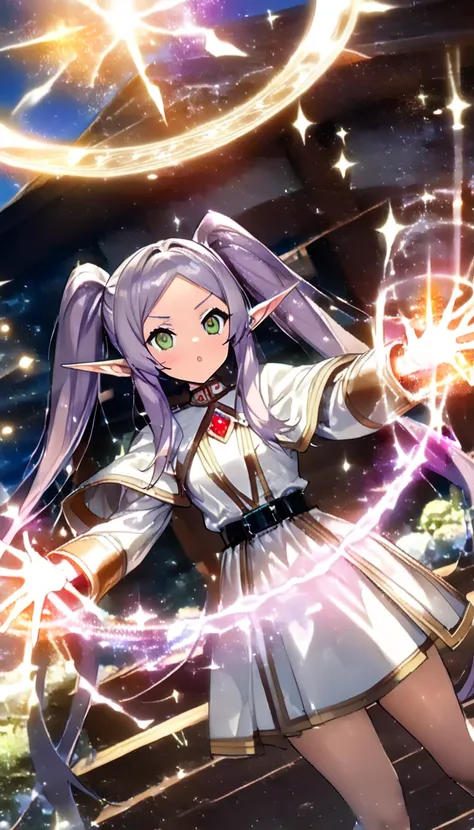   with silver twin tails and green eyes  、 A beautiful anime-inspired elf girl  ,   I'm casting a spell while holding a large wand with a shining round crystal.   wears a white and gold framed uniform  、  with a black belt I'm wearing a red jewel accessory...