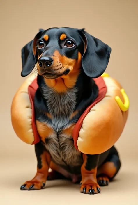 Dachshund dog breed, with an American hot dog costume , Very chubby little black with some brown spots on his hair on his paws and chest
