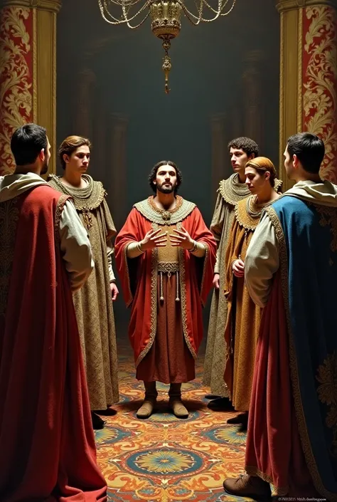 Columbus in front of Queen Isabella and the King 
Fernando in court, explaining his plan .