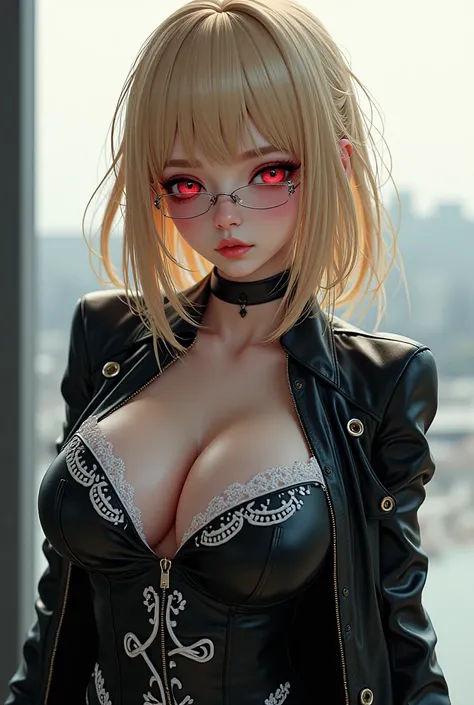 Blonde anime girl with black white leather lenses and black clothes with white embroidery and big breasts 