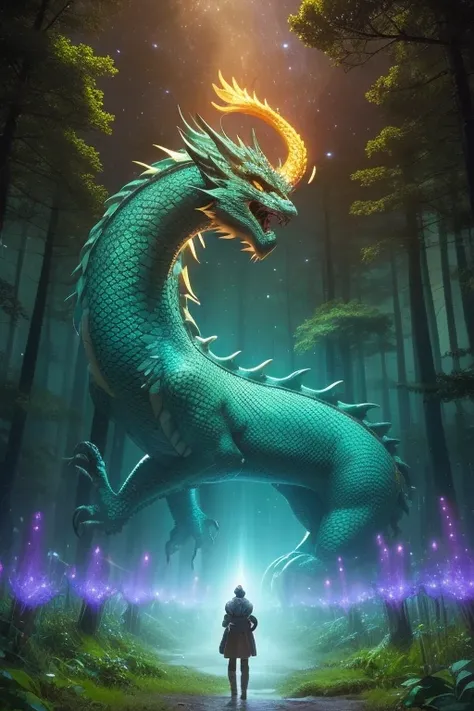 In the mysterious forest、The dragon god, whose scales sparkle brightly, stands　Please create an illustration of looking up at the universe with a dignified gaze in order to save the Earth and humanity with a colorful touch