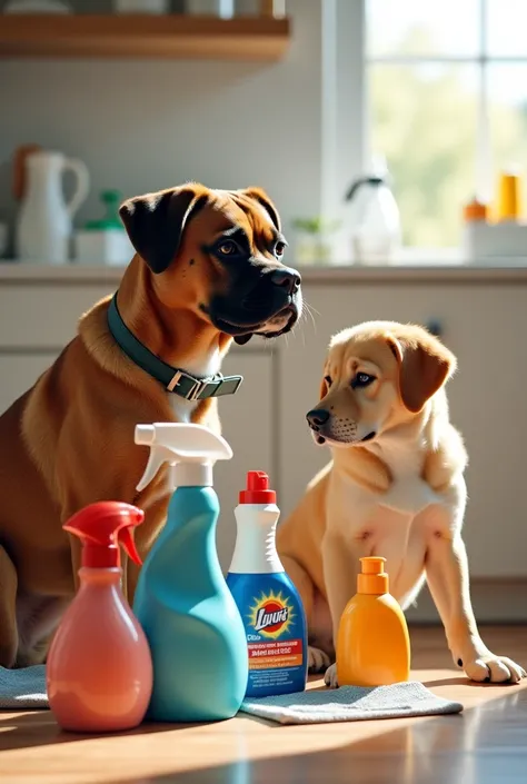 Cleaning products with brown boxer and Labrador dogs