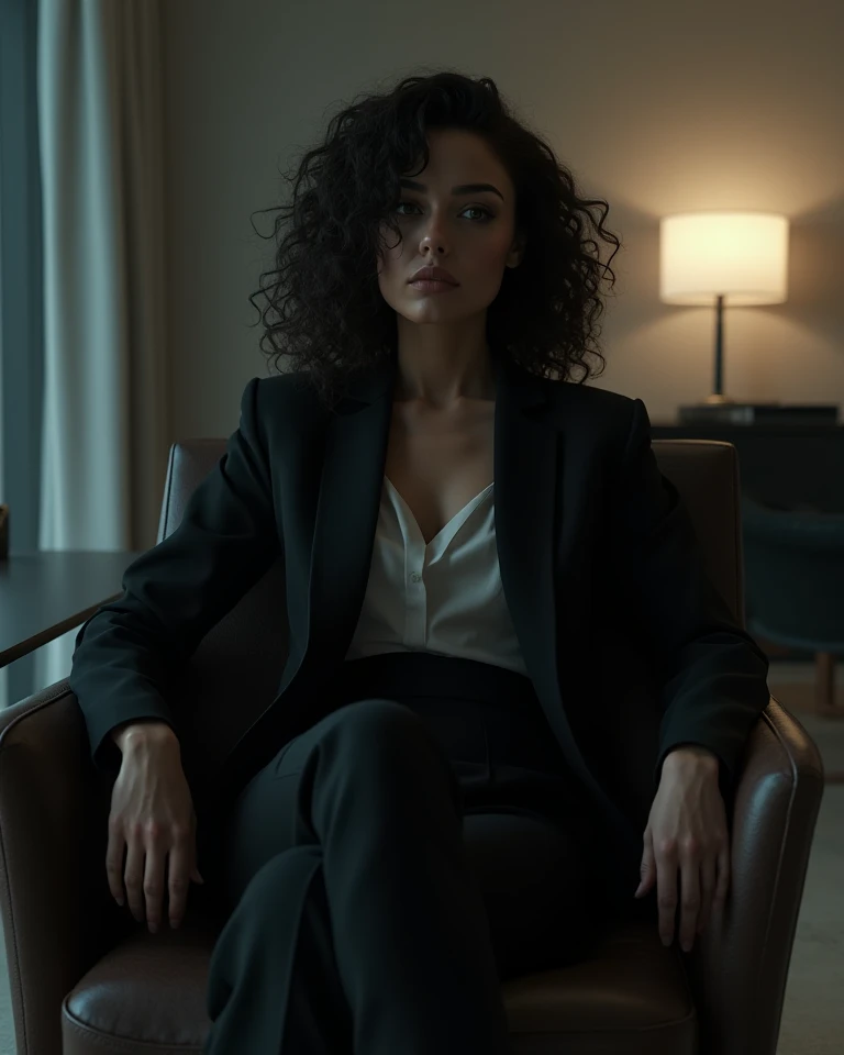 Create a mysterious woman on the side, sitting in a comfortable office chair, wearing a business outfit and dark curly hair. Do it on the human model. Don't show her face 