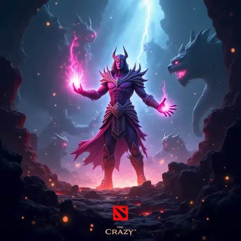 A fantasy scene inspired by Dota 2, with a bright and magical theme. The character is in a battle-ready pose, surrounded by glowing, mystical energy and magic effects. The background is chaotic and detailed, with elements from the Dota 2 universe such as m...