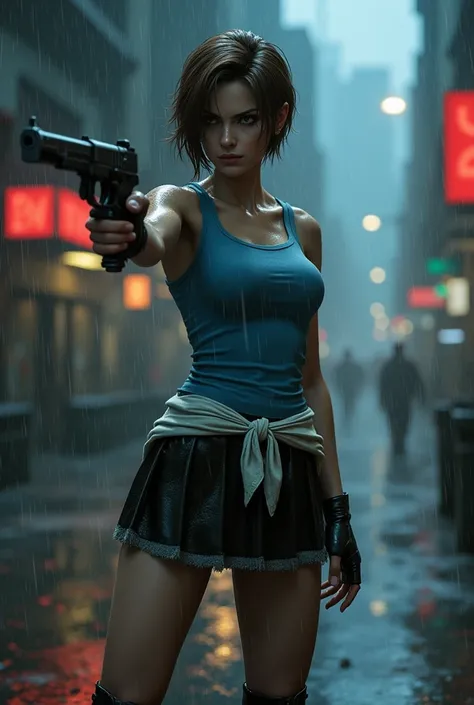  A young woman stands firm in the middle of a dark and desolate city ,  wrapped in heavy rain .  Her physique is strong and well worked ,  with a more robust build .  She wears Jill Valentine's iconic classic outfit in Resident Evil 3  (1999):  a short bla...