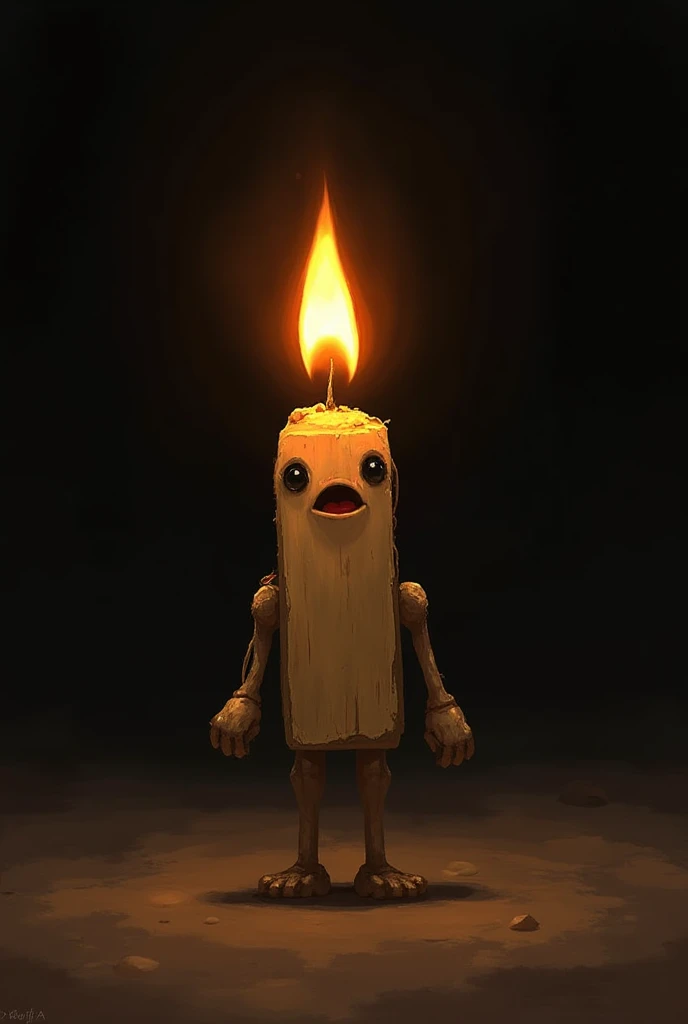 A burning matchstick, It has a head, feet and arms  