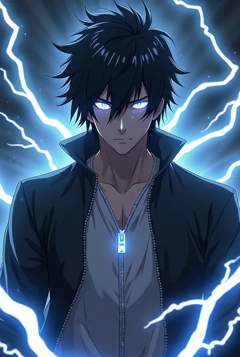 Made a man with black hair with glowing eyes and lightning around a zipper in the style of an anime for avotarka