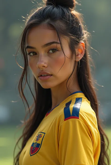  Create an image of a female soccer player ,  who wears clothing from the Colombian national team,  that the girl is tender and very beautiful , very detailed and defined image ,  delicate and fine physical features ,  full body image , sexy image 