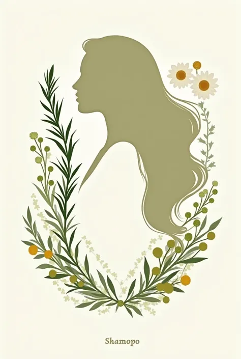 Create an image with rosemary, chamomile and horsetail together with a small silhouette of just a woman's hair for a label for a natural herbal shampoo. 