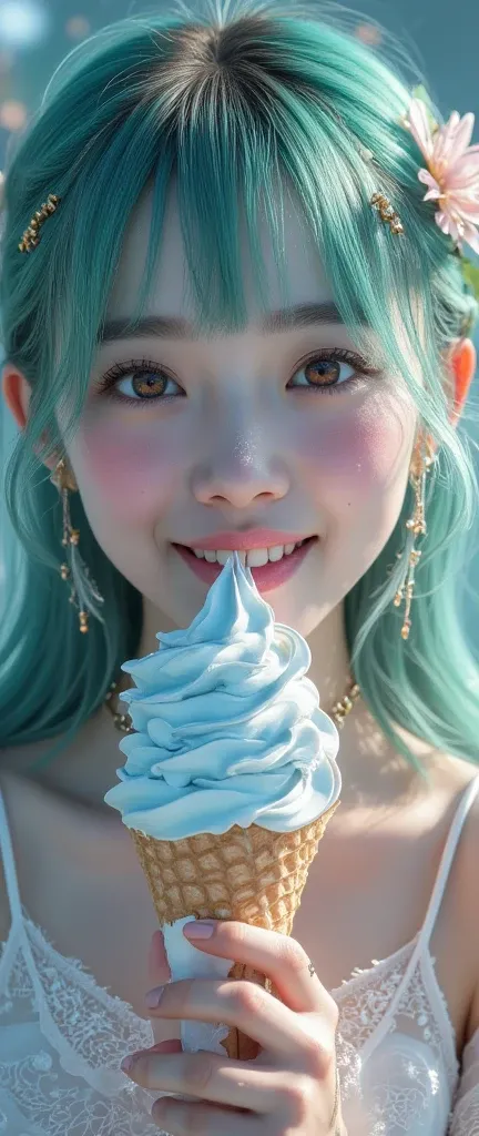 4K, Realistic  close up of a happy Korean young woman, eating an ice blue cream cone, with teal hair,  amber eyes, realistic fantasy render, trending, fey queen of the summer forest, glisten, oily skin, shimmering, shinny, auras, straight hair, blunt bangs...