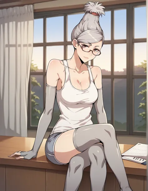  score_9,  score_8_ up the side,  score_7_ up the side,  source_Anime, Break1girl, Alone,  watches viewers,  blurry background, cowboy shot,  indoors,   window, curtain,
Seo Ikuko , Gray Hair,  long hair,  knotted hair,  Top Knot,  brown eyes,   semi-rimle...