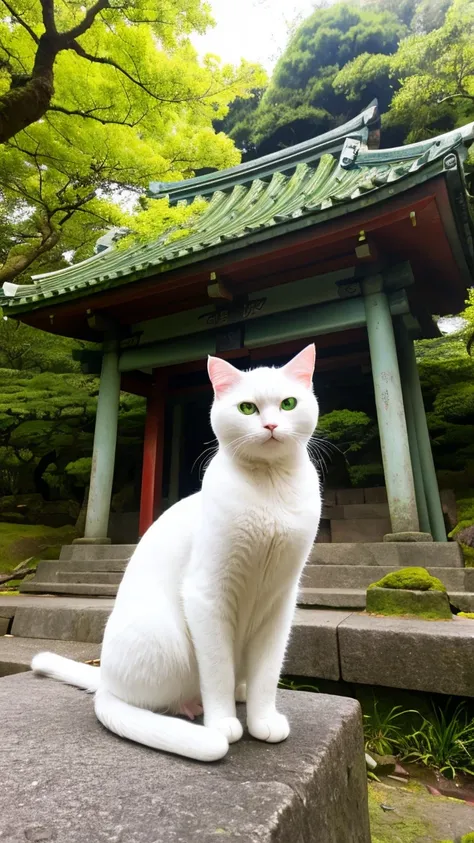 A white cat with emerald green eyes at a serene shrine - A peaceful Japanese shrine with a traditional torii gate, where a white cat sits quietly in front of it, surrounded by soft moss and gentle sunlight filtering through the trees.