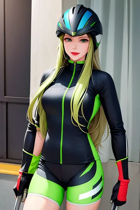 woman is smile, long hair brown, helmet normal, she is solo, from alternative world ,best quality, realistic, cycling green and black color suit and cycling sports shorts, she is stand , red lipstick,