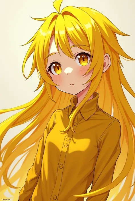 An anime, Skewed and long yellow hair,  golden eyes,  yellow clothes.
