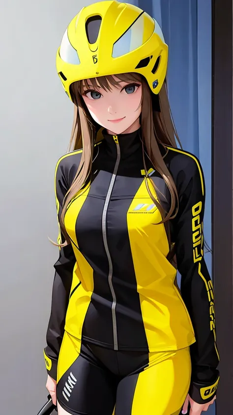 woman is smile, long hair brown, helmet normal, she is solo, from alternative world ,best quality, realistic, cycling full yellow black color suit and cycling sports shorts, she is stand , makeup face