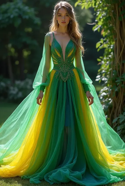 Make the dress with long sleeves, of the green color,  yellow and blue, mas coloque a maior parte of the green color.