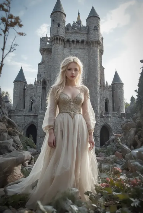 blonde girl, in front of a castle