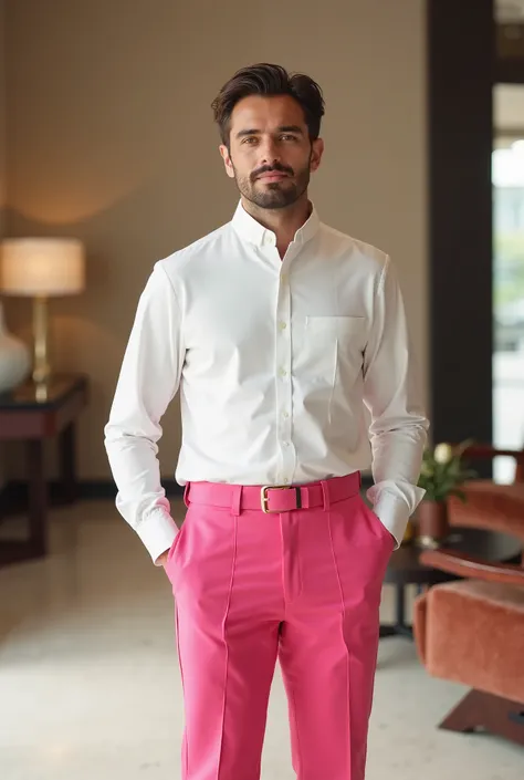 A man wearing a white pull neck shirt and pink trousers as a hotel attendant