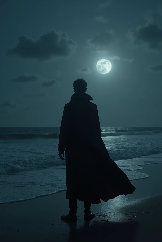 A man wearing a long black coat standing on the beach at night