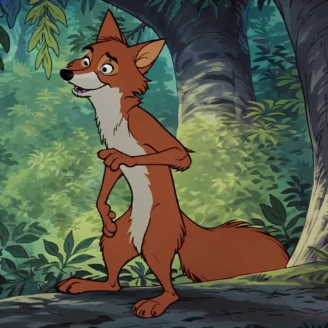 RobinhoodRH, semi-anthro, male, fox, orange fur, naked, nude, standing, in a forest, black eyes, screencap