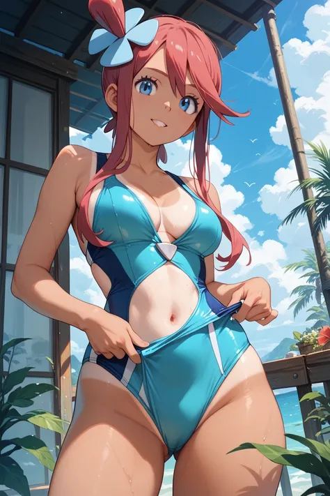 undressed skyla (pokemon), tanlines, adjusting swimsuit, aqua swimsuit, hand under swimsuit, 