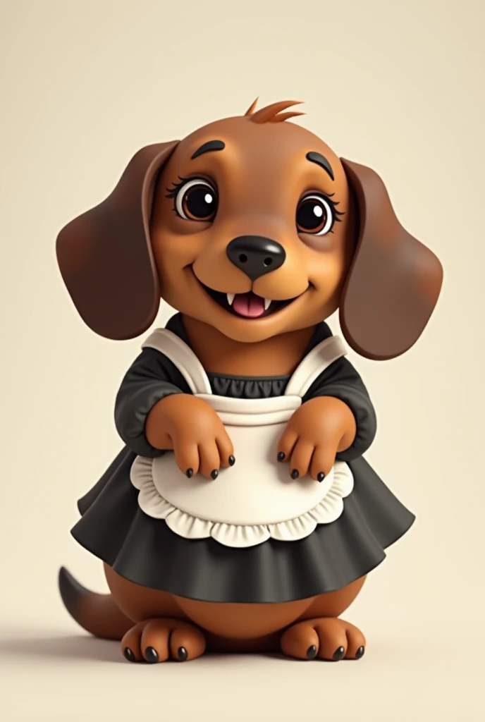 Dachshund dog breed, Chubby and little black with some brown spots on his hair on his paws and chest, Smooth and lustrous hair, Wearing an old-fashioned ropinha de Maid 
