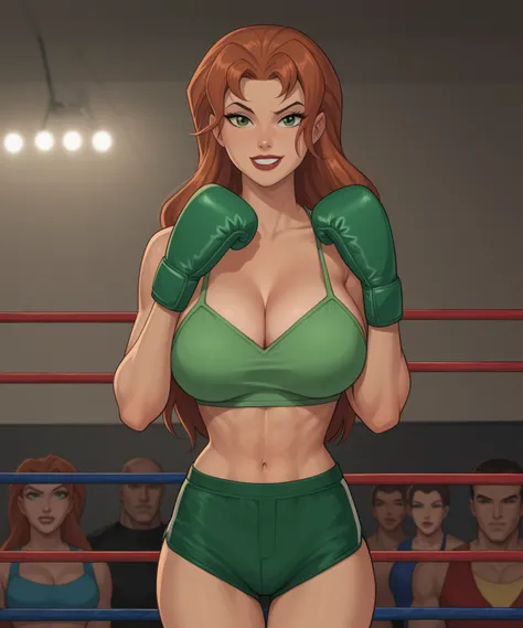 safe_pos, PonyXLV6_Scores BREAK ((retro artstyle, parody)), perfect anatomy, cowboy shot) shayera hol, wings, long hair, green eyes, flirting, raised eyebrow, ((looking at viewer)), superhero, bare shoulders, green boxing shorts, green boxing gloves, curvy...