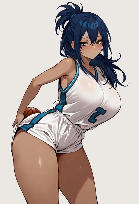 masterpiece, 1 girl, solo, tall, dark skin, deep blue hair tied hair, long Bang, around perfect buttocks,, tshirt of básquet ball,saggy Big breast, blue eyes,thicc legs, long hair,look viewver, blush,white  basketball outfit