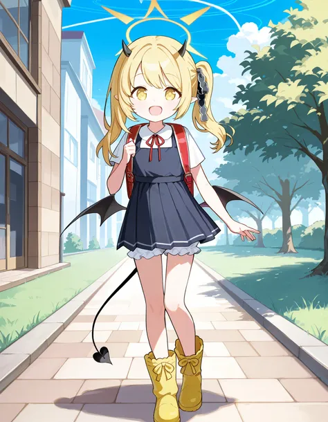 Hd, (littlegirl:1.2) (slender body) (thin body), tanga ibuki, ibuki \(blue archive\), blue archive, yellow eyes,blonde hair,side ponytail,halo,hair ribbon,pointy ears,tail,low wings, pinafore dress,white bloomer, yellow boots, happy and confident expressio...