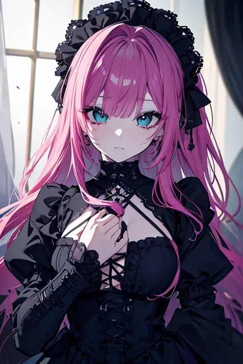 a dangerous and beautiful pink-haired woman with a doll-like appearance, dark doll, combat scene, cool, dangerous charm, sharp eyes, navy blue rose tattoo, many piercings, turquoise hair tips, (best quality,4k,8k,highres,masterpiece:1.2),ultra-detailed,(re...