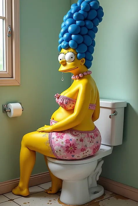 Marge Sympson in large floral panties sitting on the toilet squirting water through her panties that are soiled with brown liquid,  Ultra-realistic image, RAW,  excellent resolution 