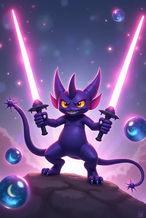 A modelo está usando ócuCreate a purple space goblin pokemon with two laser swords with light powers. It must have three tails with a thorn at the tiplos de sol de vidro com estrelas e a lua no vidro