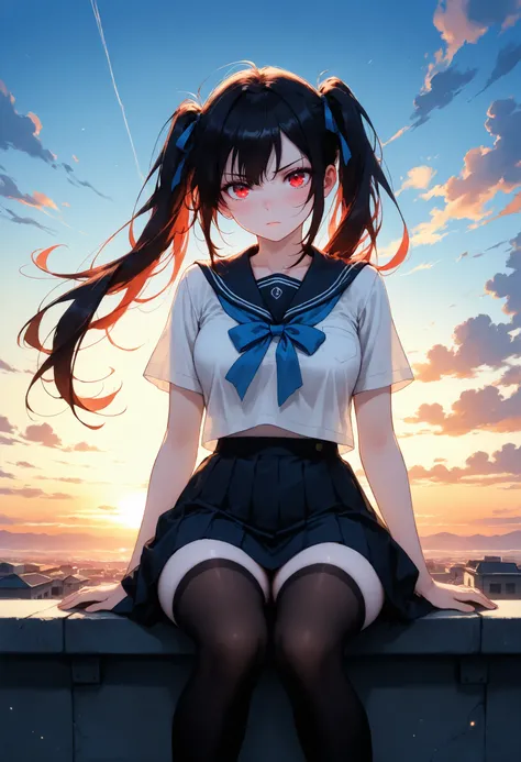 1 woman, solo, pale skin, panoramic shot, silver, long hair, double ponytails, bright red eyes, beautiful detailed eyes, medium breasts, school uniform, white short sleeved shirt, blue ribbon, dark skirt, dark stockings, thicc thighs, sitting on the roof, ...