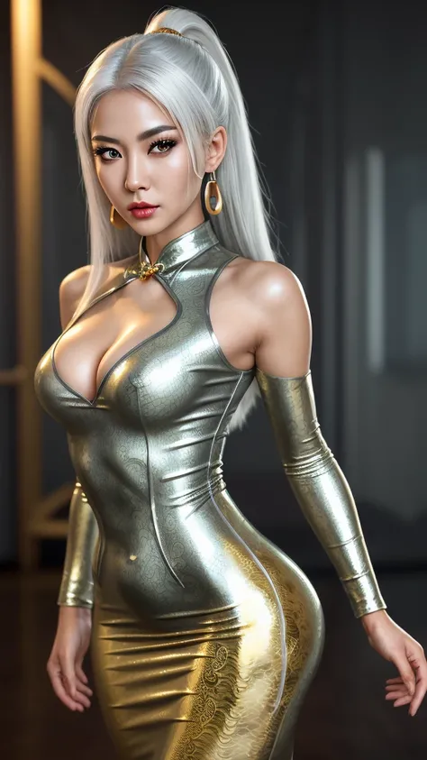 Super Detailed image of gorgeous asian woman, wearing metallic silver and gold cheongsam, Slime skin, latex silver dress golden dragon pattern:1.4, Pantyhose, latex shiny, shiny reflective, perfect make-up, nude, shiny,Slimy, latex black skirt printed gold...