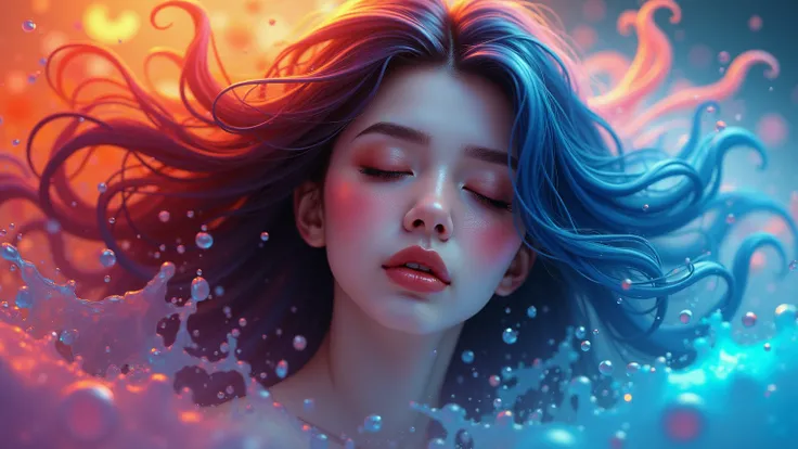   expresses the flow of ink dancing in the wind,Water effect,Colorful Water ,goddess:Overseeing art:Controlling Water:Full hair:Sleeping: perfect face: beautiful:************:healthy,Ink splash,Sparkling, bright color,Reflection of light,Wide range of colo...