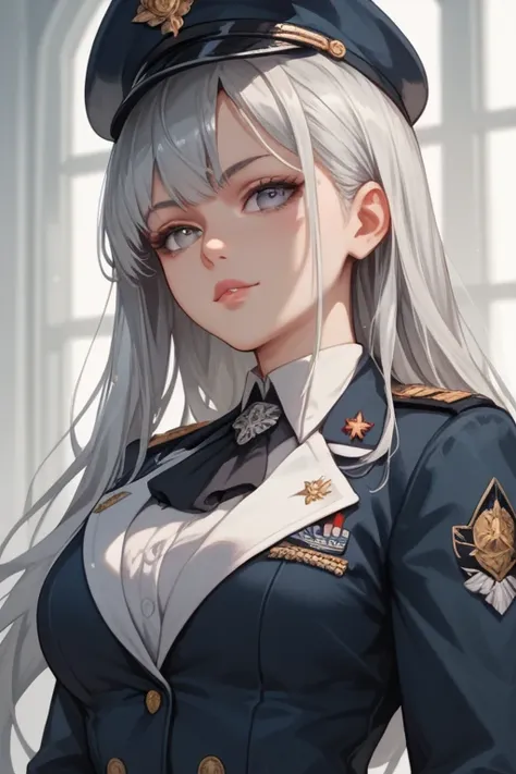 woman　 silver hair gray eyes bangs long hair　uniform（black）