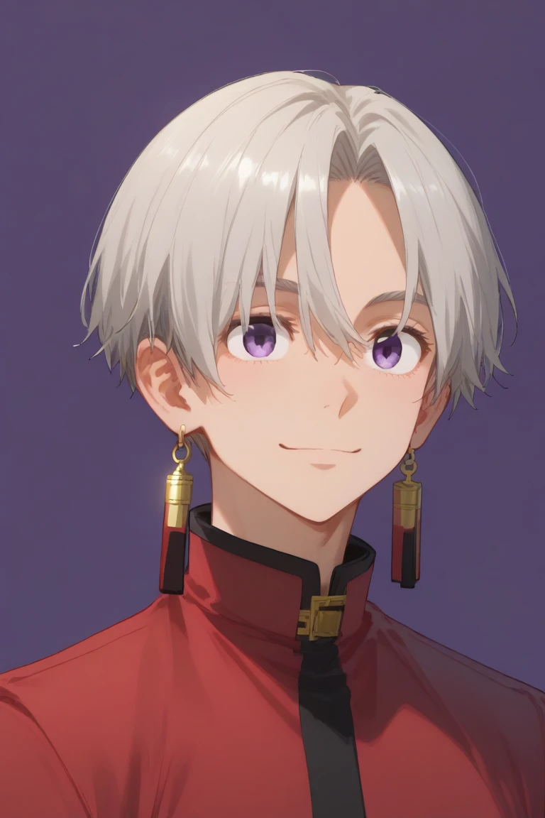 one boy, Alone, Male attention, _Kurokawa, Gray Hair,   purple eyes ,  short hair, ,  earrings, tassel  earrings, Symmetric,  waving,  half-open, smile, , Red Uniform、Purple Background、 simple background、 assault rifle、 Holding Weapons 、 Masterpiece,  top ...