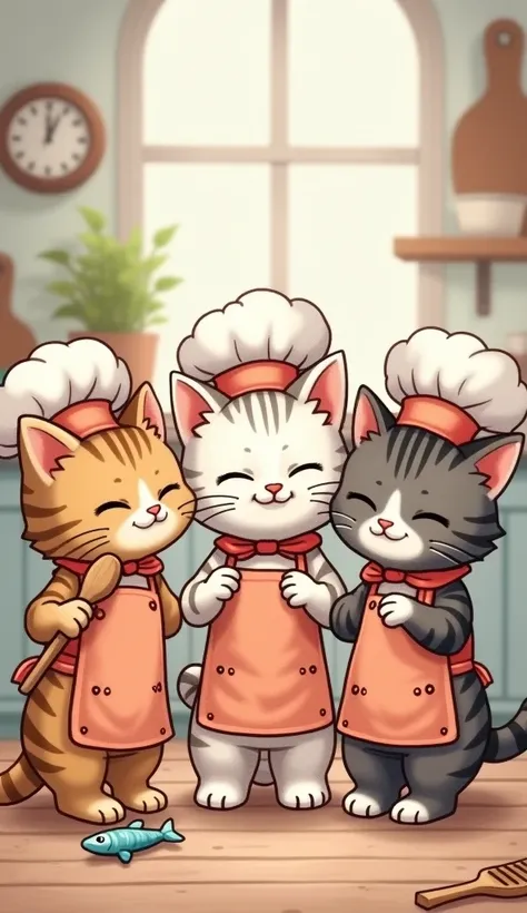  Draw three charming kittens ,  each with a unique coat : brown, white and striped .  They are dressed in costumes of chefs ,  with small chef hats and aprons .  One holds a wooden spoon ,  another a bowl and the third a toy fish .  The setting is a cute a...