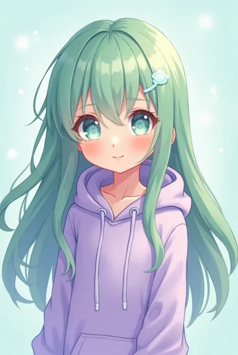 Cute anime girl with long light green hair and white eyes and a light purple hoodie