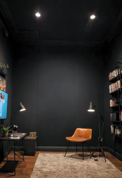  Podcast study room with microphones ,  lights and a TV built into the wall, black wall, Luz outfit, Living room alone without people black light 