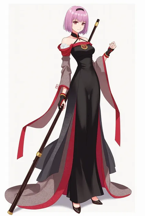 Woman in a black dress with a rod and a red and white dress, Concept art inspired by Nishikawa Sukenobu, Pixiv,  what is it ？,  Female Anime Characters , Anime female full body art, She has a long stick, Anime Goddess,  Best Anime Character Design ,  Kyouj...