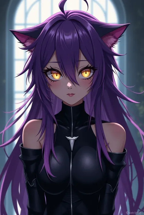 Anime with long spiky purple hair and golden eyes, Your clothes are black with a cat's tooth 
