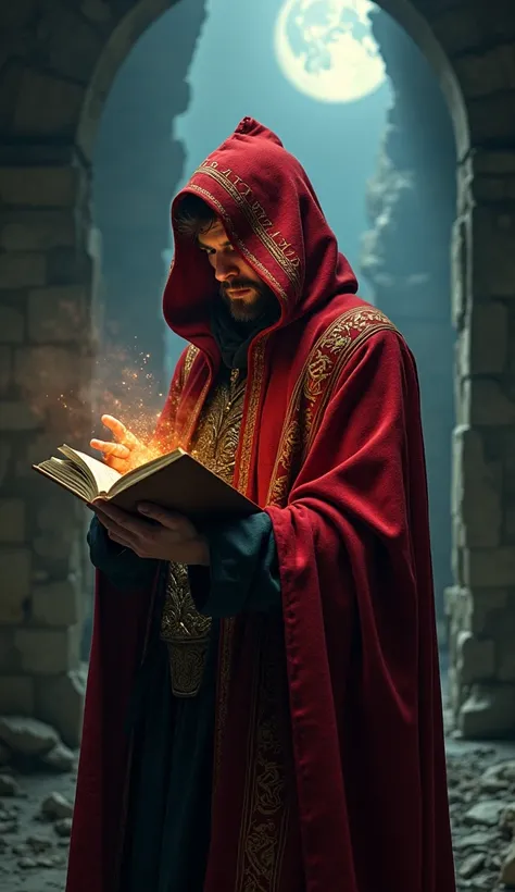 Professor of La Casa de Papel in a red hooded cloak embroidered with ancient runes. Holding an enchanted book, his fingers glow with mysterious energy as he orchestrates an intricate heist beneath the moonlit ruins of a cursed citadel. Shadows slip around ...