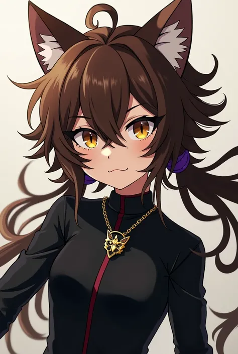 Anime with long, spiky brown hair and golden eyes, Your clothes are black with a cat's tooth 
