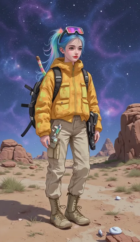 full body. a girl , Vibrant blue hair, tied in a messy ponytail , Visor perched over her forehead skin is clear , a speckled with freckles, and your cybernetically enhanced eyes glow with an intense bluish .
Utility and exploration jacket
Wear sturdy...