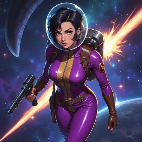 in a retro scifi style illustrate a female space adventurer wearing a shiny futuristic bodysuit that is a deep vibrant purple with a wide gold stripe down the front, it has a high collar unzipped around the neck. she has short black pixie cut hair and gold...